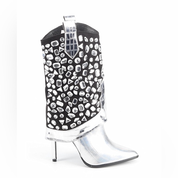LAUREN LORRAINE ~ Black Suede w/Silver Crystals Croc Embossed 4” Heeled Boots - Picture 4 of 9